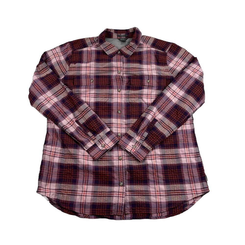 Eddie Bauer Button Up Shirt Womens L Classic Fit Polyester Nylon Plaid Pocket